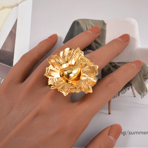 textured open cuff prominent floral ornament bulk wholesale copper made 18k gold plated fine women <b>bangle</b> bracelet ring <b>set</b> - Product Image 4
