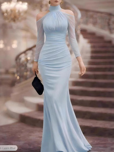 Women's Halter Neck Sexy Fashion Party Long Dress, New Elegant Tulle Off-Shoulder Long Sleeve Evening Gown - Product Image 3