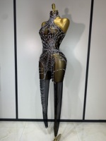 Combinaison moulante en maille sexy à taille haute avec diamants brillants pour femmes, tenue de danseuse de bar de nuit, spectacle, danseuse gogo, scène