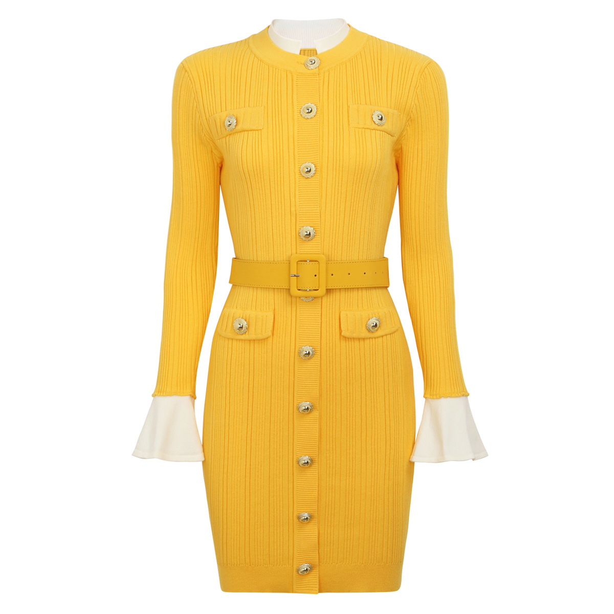 A10712 Migugarment High Quality Fashionable Knitted Mini Dresses Golden  Button and Pocket Decoration Long Sleeve Casual Dresses| Alibaba.com
