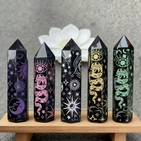 En gros, Tour en cristal gravée, Baguette de guérison artisanale, Pointe de peinture Soleil Lune en Obsidienne noire pour décoration et cadeau