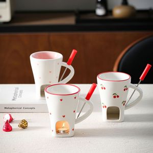 Cute Heart Chocolate Fondue Mug Butter Heating <b>Cup</b> <b>Ceramic</b> Chocolate Melting <b>Cup</b> Set with Fork - Product Image 3