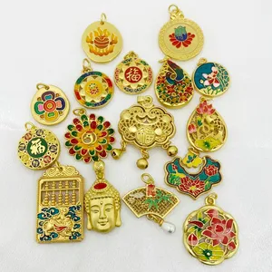 Çin antik altın kaplama alaşım emaye Charms buda kafa Lotus kilit kolye altın tasarım kolye kolye