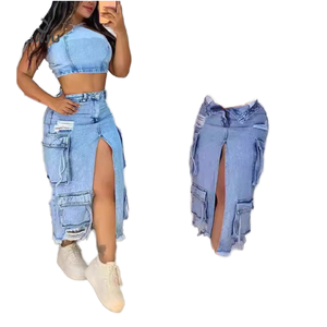 Vintage Denim Split <b>Skirt</b> Sexy Women Natural Waist Elegant Multi Pockets Jeans <b>Long</b> <b>Summer</b> Eco-Friendly Washable - Product Image 1