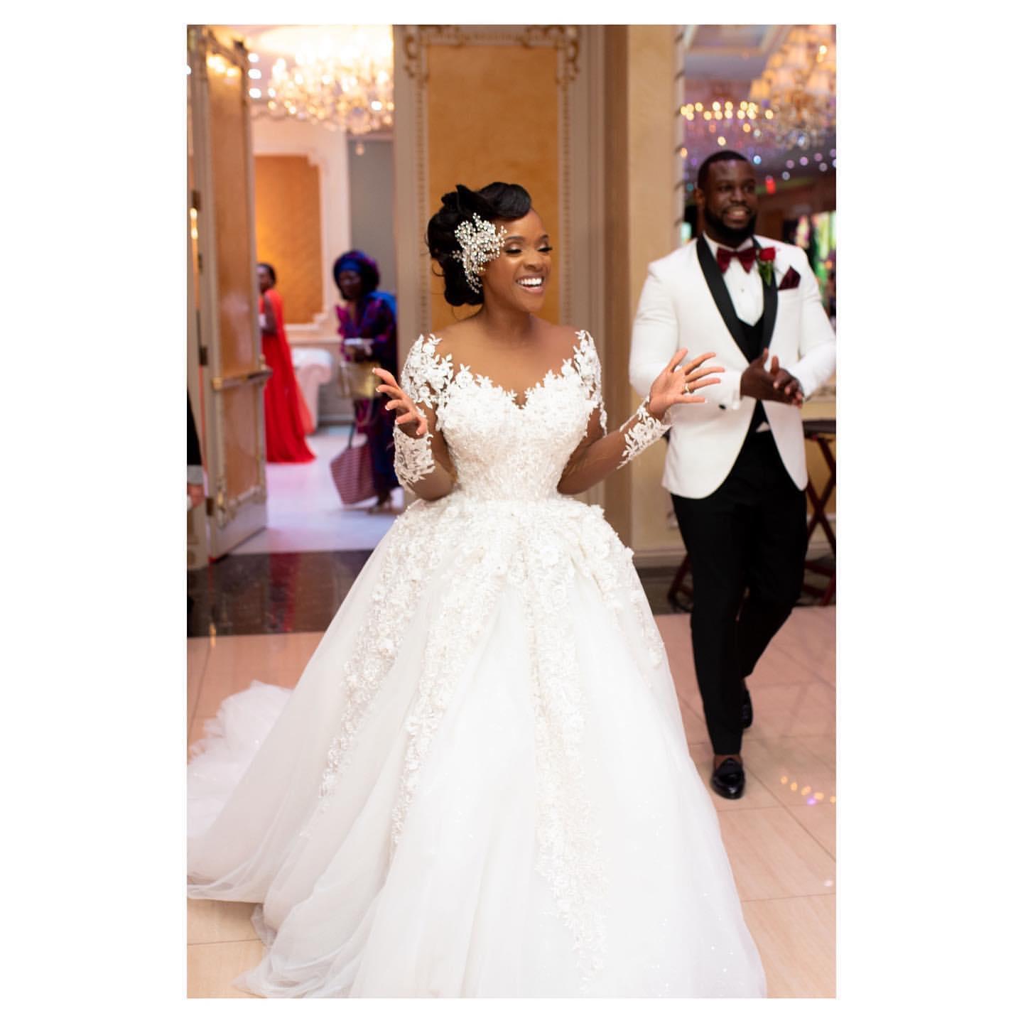Африканское бальное платье, свадебные платья с длинным рукавом, кружевные Длинные свадебные платья с аппликацией из бисера, прозрачные платья больших размеров с круглым вырезом