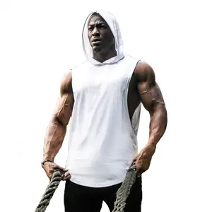 Kas eğitimi kolsuz Tank Top erkekler spor stringer atlet Hood ile