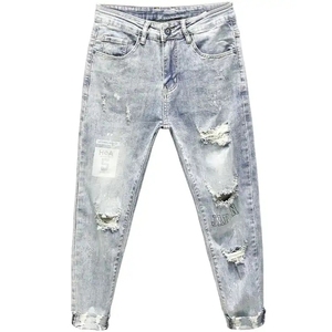 Pantalones de mezclilla de punto de algodón orgánico finos casuales para <span class=keywords><strong>hombre</strong></span>, de cintura alta, corte recto medio, con bordado de agujeros <span class=keywords><strong>rotos</strong></span>, formales para hombres jóvenes - Product Image 5