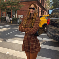 Mini-robe vintage à carreaux pour femme, col rond, boutonnée, manches longues, taille basse, pour le début de l'automne