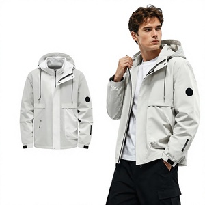Men's Light Gray Hooded Stand Collar Windproof <b>Zipper</b> <b>Jacket</b> Casual Outerwear with Pockets and Logo Patch on Sleeve - Product Image 1