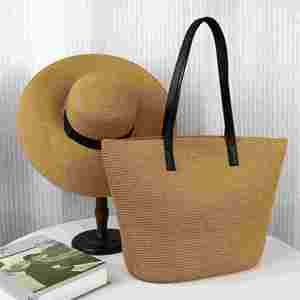 Wholesale Unisex Paper Straw Beach <b>Bag</b> & <b>Hat</b> Fashion Summer Vacation Floppy Wide Brim Character Style Fishing Ski - Product Image 1