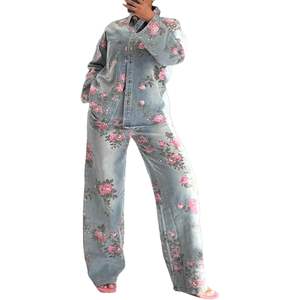 VOIKERDR Conjunto de mezclilla para mujer, camisa de manga larga con estampado floral, pantalones de pierna ancha, conjunto estilo Y2K - Product Image 1