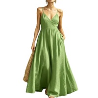 Robe longue nuisette en polyester pour femmes européennes et américaines, été 2026, col en V, dos nu, à bretelles, avec poches