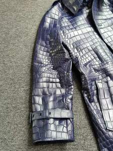 Men's Blue 100% Crocodile <b>Leather</b> <b>Long</b> <b>Jacket</b> With Turn-down Collar Formal Winter Coat proof Thick Single Breasted - Product Image 5