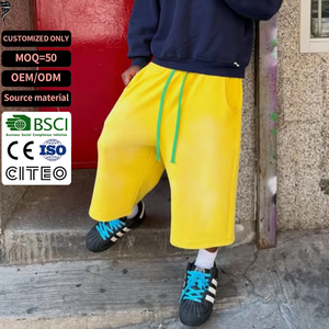 Women's <b>Yellow</b> Cotton Harem <b>Shorts</b> With Green Drawstring Elastic Waist Loose Fit Casual Knitted Pants - Product Image 1