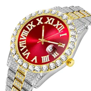 ホットセールカスタムラグジュアリーブリンブリンヒップホップクォーツダイヤモンドウォッチ女性アイスアウトウォッチシルバーゴールドブルーダイヤルメンズ腕時計