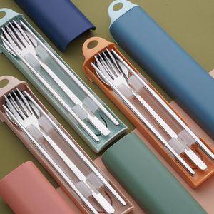 304 Stainless Steel 2/3 Pcs <b>Box</b> Travel Camping Spoon Fork Chopsticks Tableware Student Portable Cutlery Set - Product Image 5