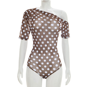 Viviblook J26BS139 Women Summer <b>Bodysuit</b> New Sexy Polka Dot Mesh <b>Sheer</b> Off Shoulder Asymmetry Short Sleeved <b>Bodysuit</b> - Product Image 2