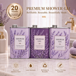 Envase Rectangular de Acero Inoxidable Premium para Gel de Ducha con Diseño Floral de Lavanda, Tapa de Rosca, Recargable y Reutilizable - Product Image 1