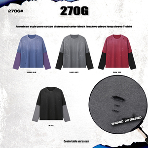 T-shirt à manches longues en coton lourd délavé RUICHI 270G, détails déchirés effet éclaboussures d'encre, patchwork rétro deux pièces pour hommes - Product Image 1