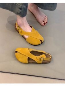 Soft Leather Version New Retro Brightening Cross <b>Strap</b> Women One <b>Strap</b> <b>Buckle</b> Round Toe Nubuck Leather Flat Sandals - Product Image 3