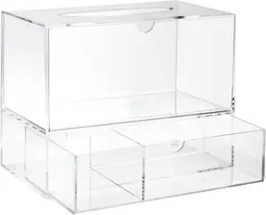 9.3 x 7 x 5 in Clear Tissue Box Holder with Pull out Drawer Rectangle Dispenser Tissue Box Cover and Cosmetic Organizer