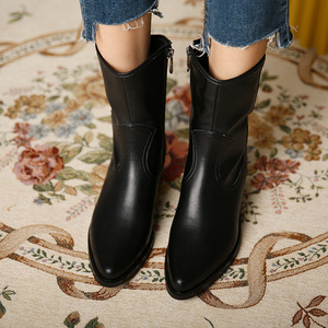 <span class=keywords><strong>Stivali</strong></span> da Donna Stivaletti in Pelle con Punta Media e Cerniera <span class=keywords><strong>Tacco</strong></span> Quadrato Stile Vintage Retrò Scarpe di Moda Fatte a Mano - Product Image 3
