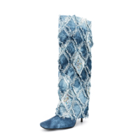 Denim genou-bottes bout carré chaussures à talons hauts 2023 nouvelle mode hiver printemps jean bottes Argyle fourrure pour femmes et dames PU