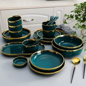 Ceramic Dinner Plates Dinnerware Set Dishes Luxury Green Food Plate Set Salad Soup Bowl Plate and Bowls Set for Restaurant Hotel