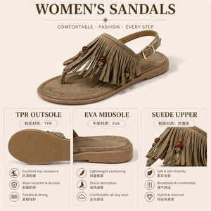 Women's Bohemian Style <strong>Flat</strong> Sandals 2025 New Custom Designed Tassel Suede Woven <strong>Ankle</strong> <strong>Strap</strong> Casual <strong>Shoes</strong> With Metal Details - Product Image 5