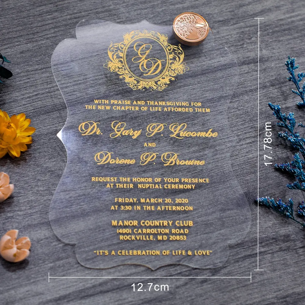 Personalizzato Design gratuito elegante inglese germania musulmano argento trasparente foglio di Goild acrilico biglietto d'invito per matrimonio