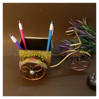 Support de stylos et organisateur de bureau décoratif en métal moderne et écologique, style chariot à 3 roues indien, pour la maison, le bureau et le salon