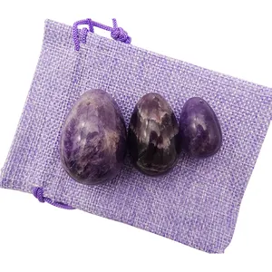 자연 자수정 크리스탈 계란 세트 3 개 손 조각 크리스탈 보석 케겔 옥 계란 치유 여성 선물 - Product Image 1