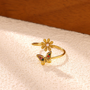 Bague en acier inoxydable couleur zircon, motif papillon et fleur, style européen, réglable, pour femme, à porter sur l'index. - Product Image 5