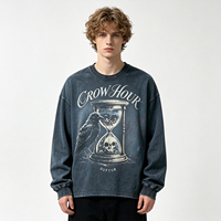 Sweat-shirt à manches longues CROW HOUR, style vintage, délavé, effet usé, graphisme gothique, streetwear, en coton