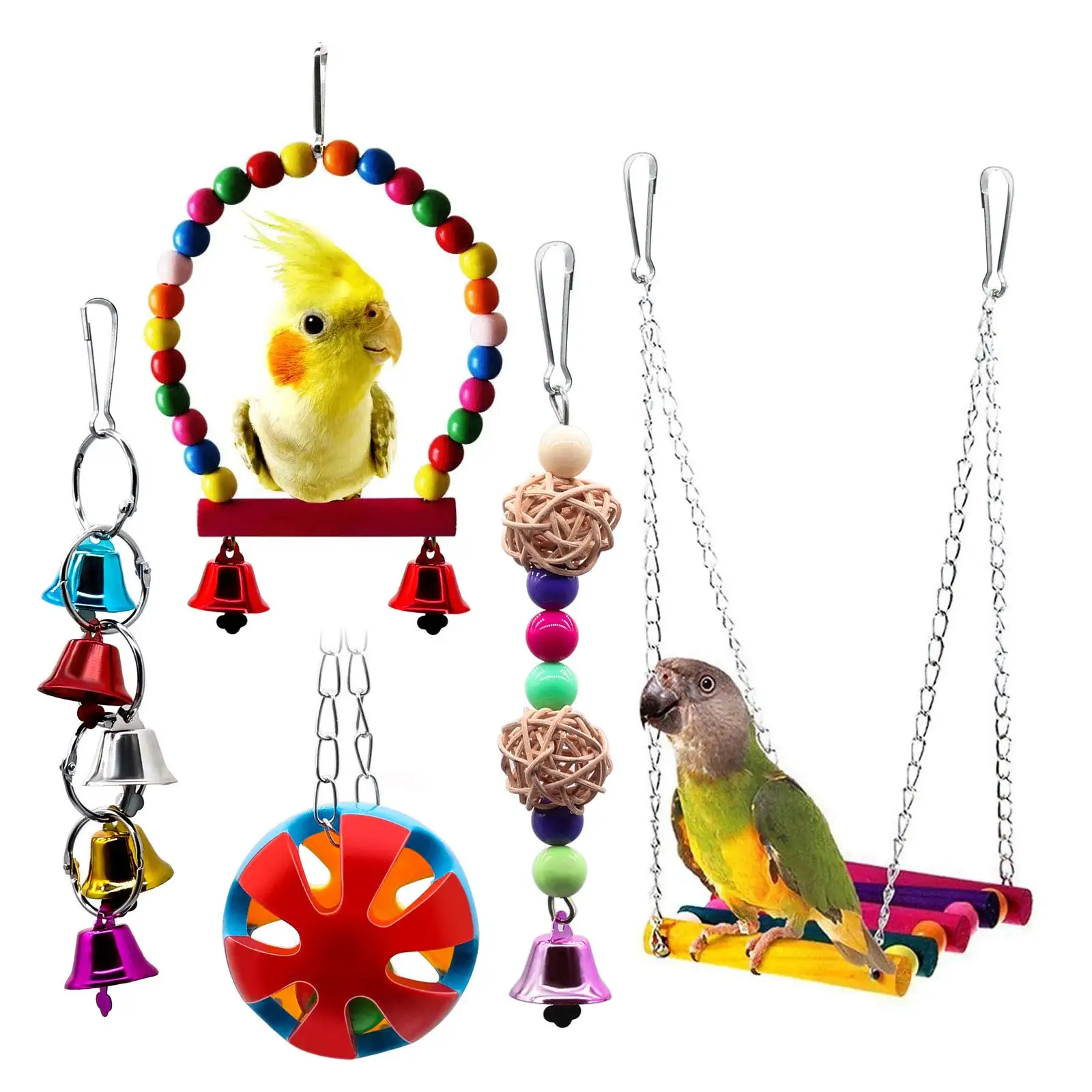 5 pack Oiseau Balançoire Jouets avec Cloches Pet Perroquet Cage Hamac Suspendu Jouet Perche oiseau jouets