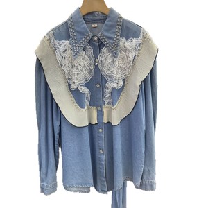 GX-2026 Nuova Camicetta in Denim <span class=keywords><strong>Blu</strong></span> Stile Francese con Sovrapposizione in <span class=keywords><strong>Pizzo</strong></span> - Camicetta Elegante - Product Image 5