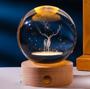Lámpara de bola de cristal 3D luminosa de 6cm y 8cm, luz nocturna, base de madera maciza, decoración artística, pareja, estudiantes, regalo creativo de cumpleaños