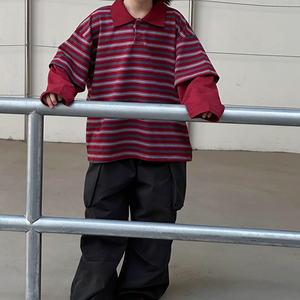 Camiseta Casual sin Mangas con Cuello Polo a Rayas y Bloques de Color Estilo Japonés para Niñas, Novedad de Otoño, Top Holgado de Manga Corta a la Moda - Product Image 3