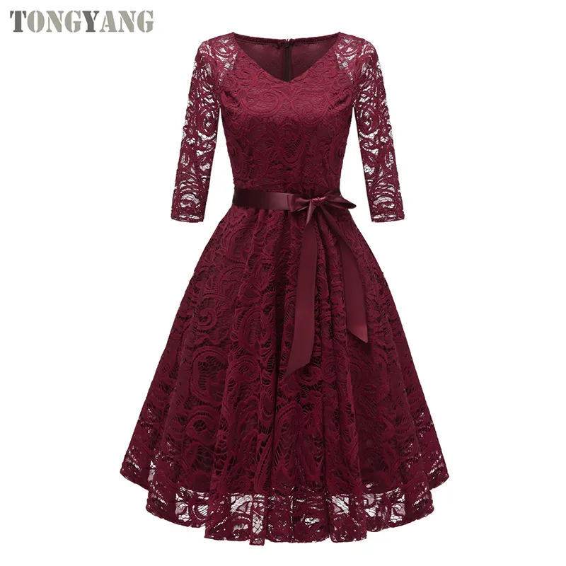 TONGYANG — robe de soirée longue à col en V, tenue d'été élégante, à demi-manches, longueur aux genoux, en dentelle, nouvelle collection 2019