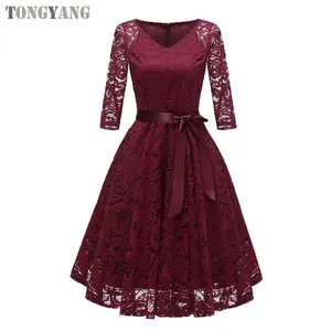 TONGYANG Summer New Party Dress Elegant A Line V Neck Half Sleeved Knee Length Women Long Lace Dress