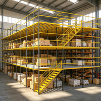 Système d'étagères de mezzanine en acier à plusieurs niveaux avec garde-corps, escalier et rayonnage pour stockage de palettes, pour usage en entrepôt industriel