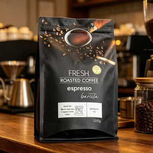 Custom Printed Black Stand Up Pouch 1000g Resealable Zipper Aluminum Foil <b>Bag</b> With One-way Air Valve For <b>Roasted</b> Coffee Beans - Product Image 2