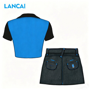 LANCAI Women's Colorblock V-Neck Collar Crop Top and Denim Mini Skirt 2 Piece <b>Set</b> Casual Slim Fit Streetwear Outfit - Product Image 2