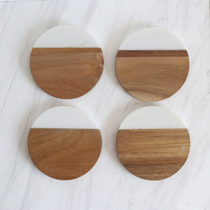 Acacia <strong>Coaster</strong> <strong>Set</strong> of 4 for Drinks Wood and Marble New Europe Christmas Restaurants Round Marble Stone Mats &amp; Pads Support 10mm - Product Image 1