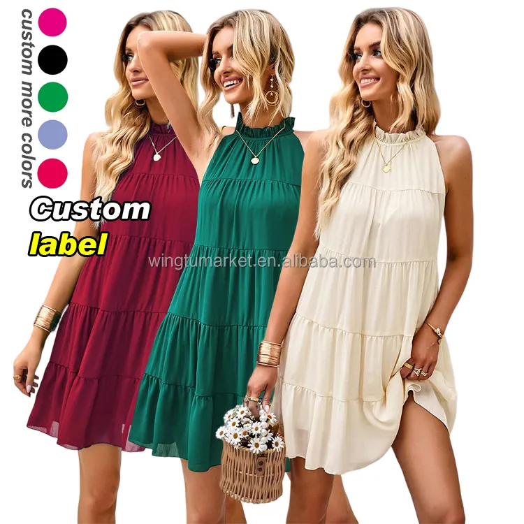 Verão Solid Beach Dresses Loose Swing Plissado Cocktail Mini Vestido Ruffle Flowy Boho Curto Camadas Sem Mangas Halter Dress