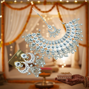 <b>Gold</b> Plated Ethnic Kundan Bridal Choker Necklace <b>Set</b> White Enamel Pearl Drop Jhumka Earrings Wedding Wear Jewelry Women - Product Image 3