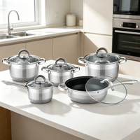 Nouveauté : Ensemble de casseroles et poêles multifonctions en acier inoxydable à fond épaissi, faciles à nettoyer, avec poignée et couvercle en verre transparent