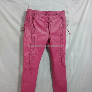 Pantalon en cuir rose de célébrité pour femmes pantalon en peau de mouton véritable sur mesure Sexy dames pantalon rose fabrique en gros usine - Product Image 1
