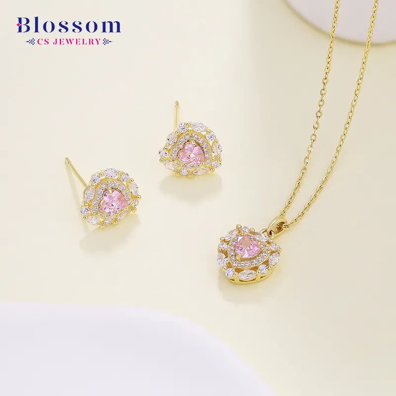 Blossom CS Jewelry Factory Supply Fine 925 Pendientes de plata Collar 2 piezas Zircon Jewelry Set Joyería simple para mujeres