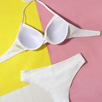 YY6119 Set Bikini Crop Solid putih pakaian renang wanita pakaian renang Bikini Brasil Push up bikini